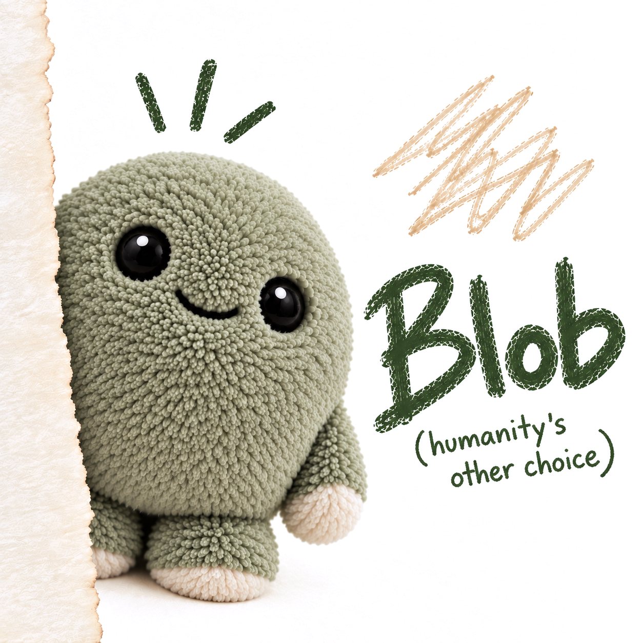 Blob peeking from behind torn paper, next to stitched lettering: Blob, humanity's other choice